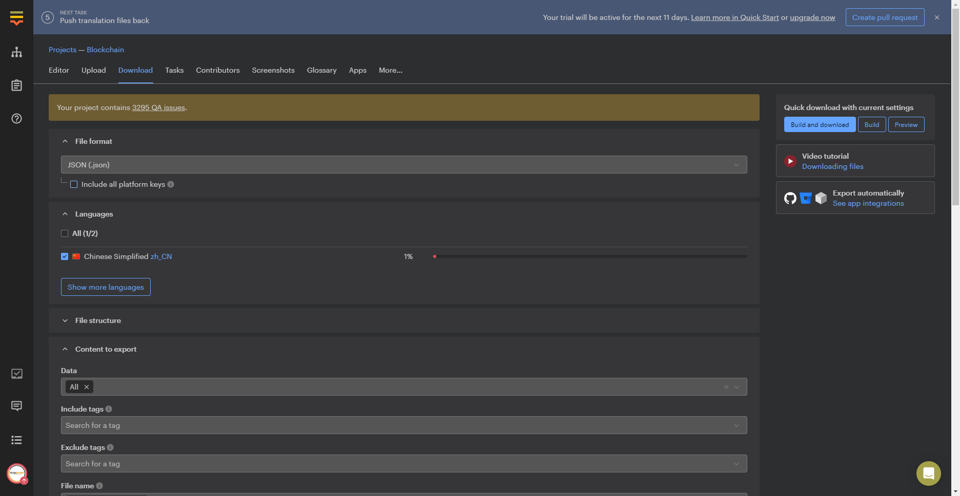The download tab on Lokalise's platform