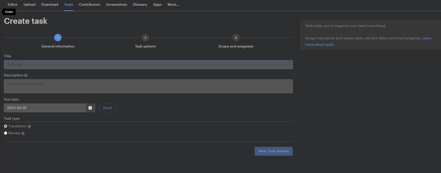 This is how the task creation should look on Lokalise.