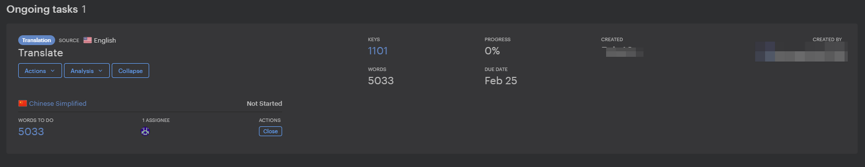 The translation task was created successfully.