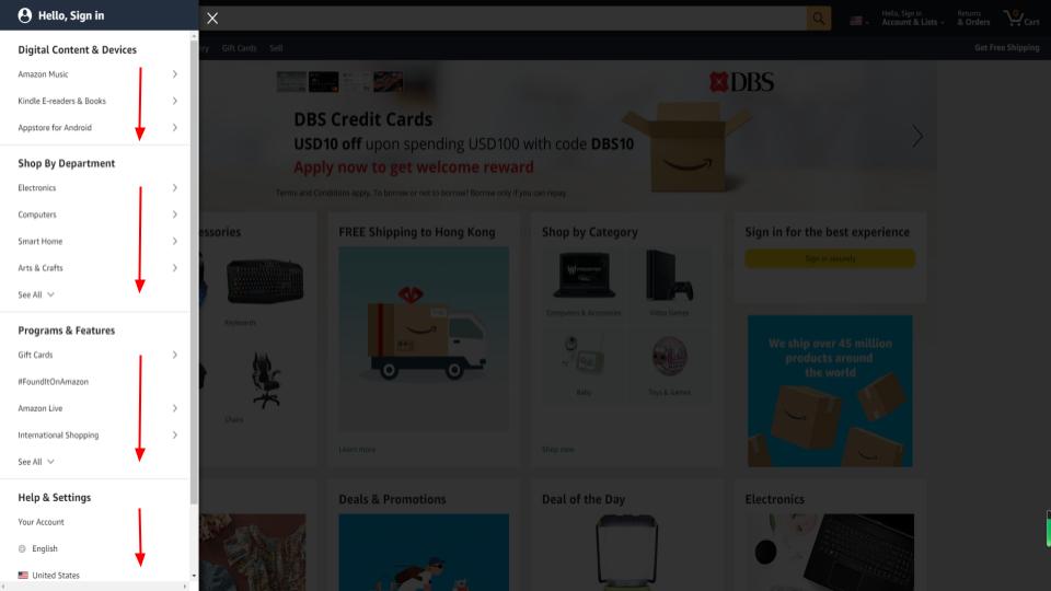 Amazon's menu, a vertical approach to navigation