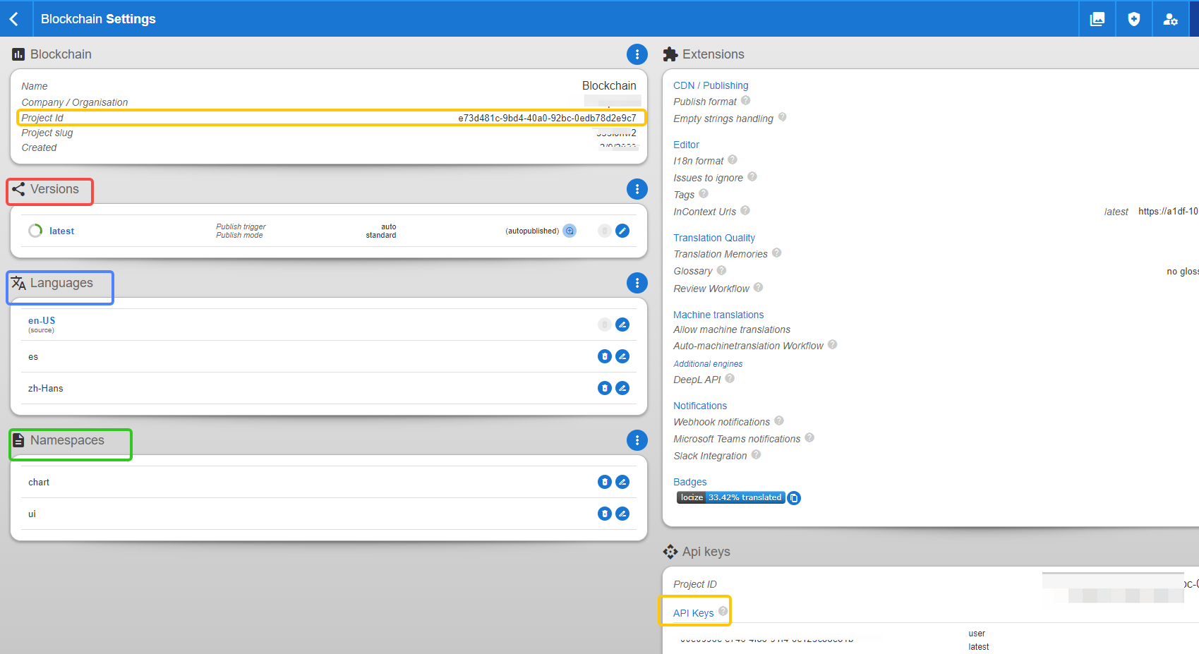 the project ID, version, language, and namespace (blockchain localization)