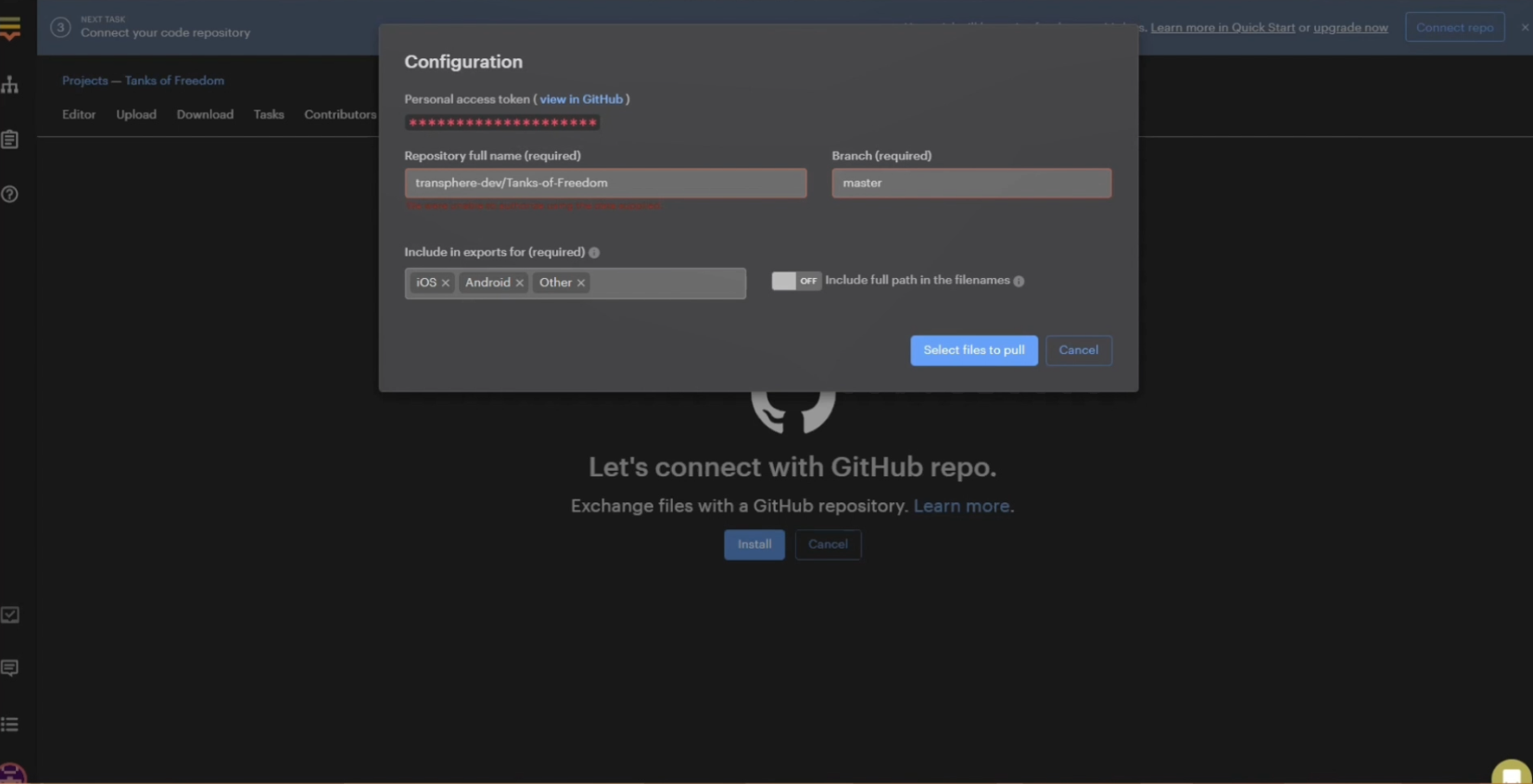 Connecting Lokalise to Github. Translating a game using game translation software 1