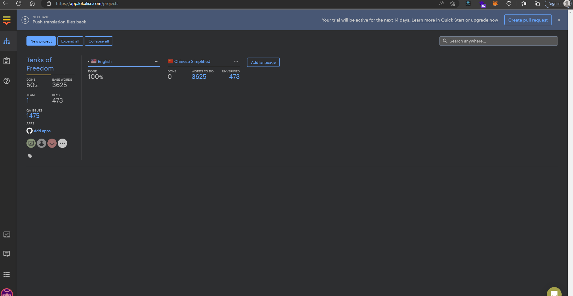 Creating a project on the Lokalise app to translate a game using game translation tools