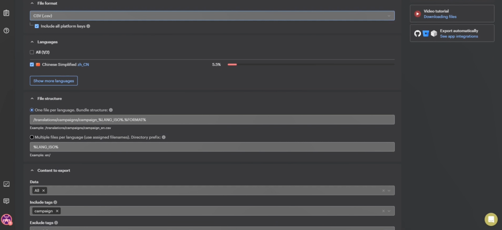 The publishing settings, including format, language variations and export options.