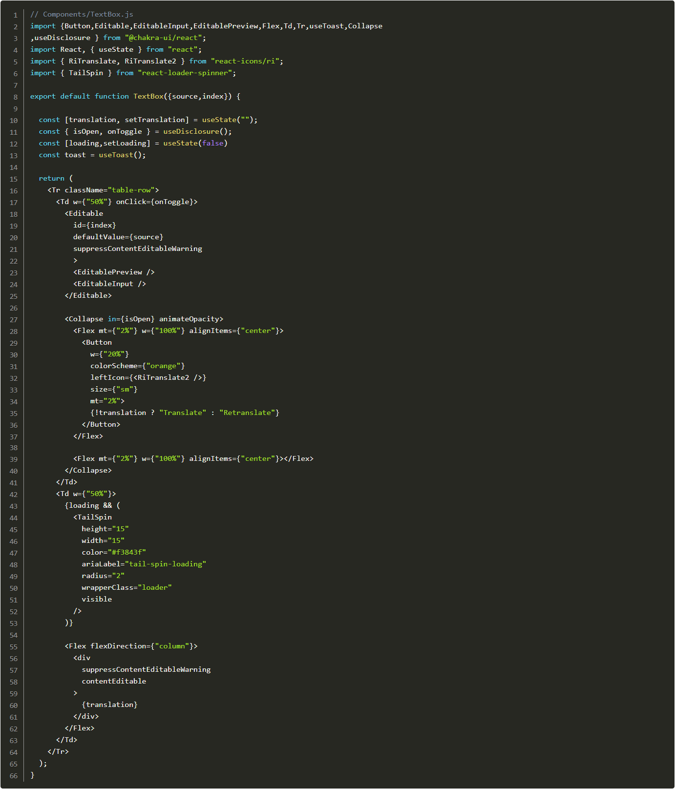 5th code to create a table component in the Next.js tutorial