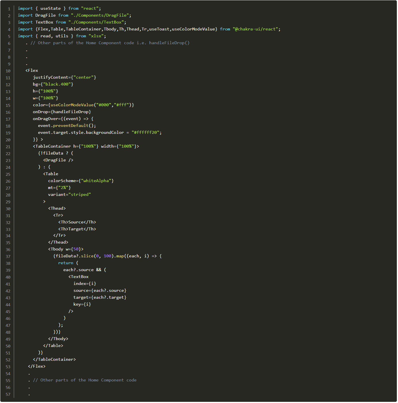 - Create the Table and map the fileData in the TextBoxcomponent. - Pass the handleFileDrop function to the onDrop attribute event listener and call event.preventDefault() to prevent the default behaviour of the onDragOver event.