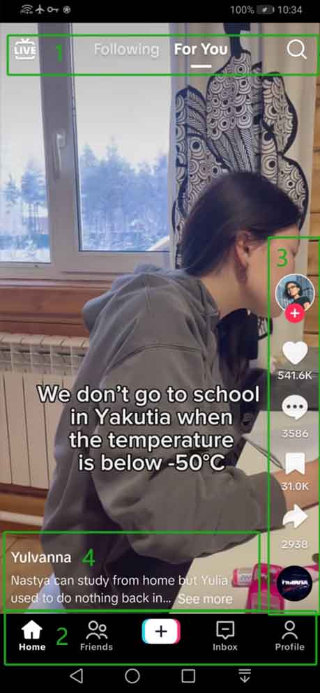 TikToks user interface with each individual menu hghlighted in green