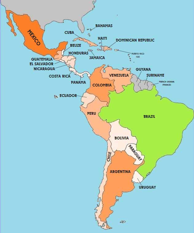 Map of countries of Latin America - Mexico, El Salvador, Nicaragua, Costa Rica, Panama, Cuba, Honduras, Belize, Haiti, Jamaica, Bahamas, Dominican Republic, Puerto Rico, Colombia, Ecuador, Peru, Venezuela, Suriname, Guyana, French Guyana, Peru, Bolivia, Chile, Brazil, Paraguay, Uruguay, Argentina