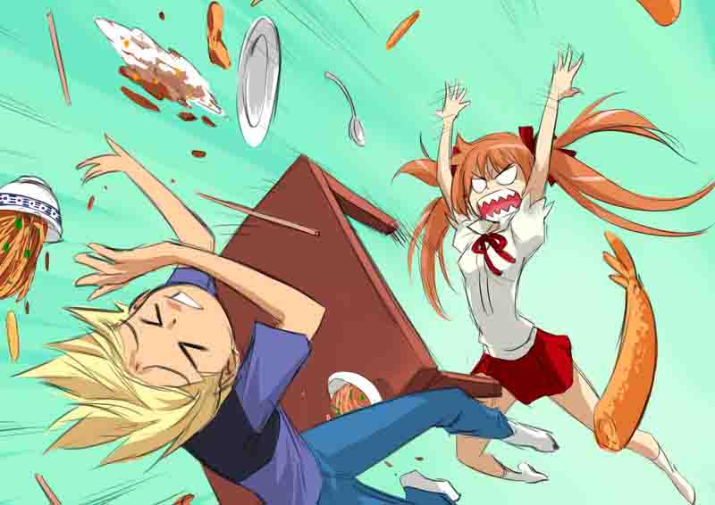 The image showcases a young woman flipping a table aggressively, throwing all the food and her partner into the floor. This depictions is a great description of the term "table flipping" that the anime translation team chose.