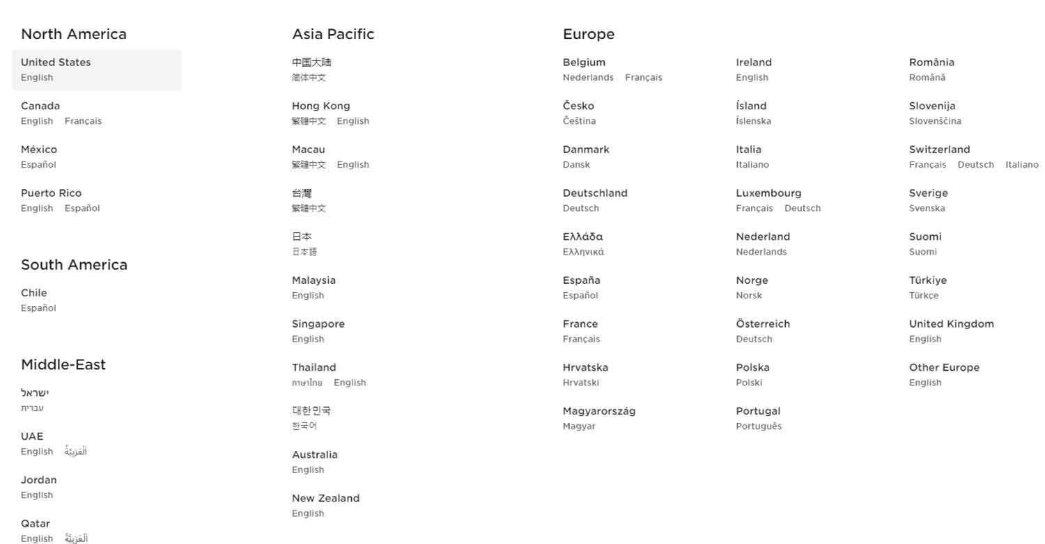 Tesla's website and its many translations, showing the important of translating your marketing materials.