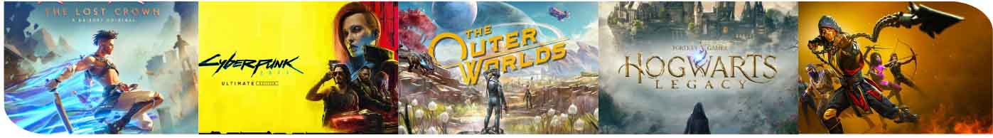 The second entry in the game localization companies' review: QLOC. This image includes some of its localization projects including Prince of Persia the Lost Crown Cyberpunk 2077 Hogwarts Legacy Outer Worlds and Mortal Kombat 11