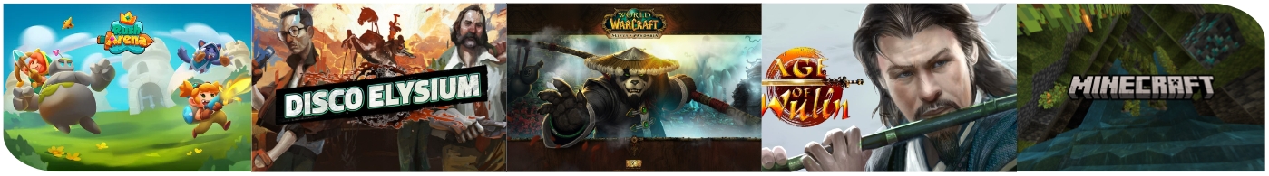 Transpheres portfolio of localization projects Age of Wulin Minecraft World of Warcraft Mists of Pandaria Disco Elysium