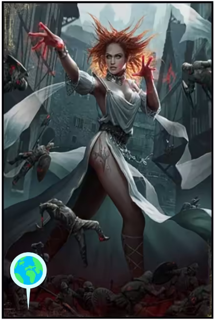 The original Gwent card showcasing a female red-haired witch casting a spell while dressed in a light white robe that shows her cleavage and only covers her lower body partially.