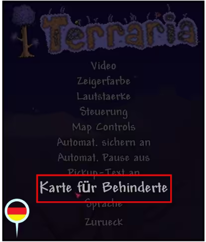 The German translation of the map of Terraria. Karte für Behinderte is highlighted in red