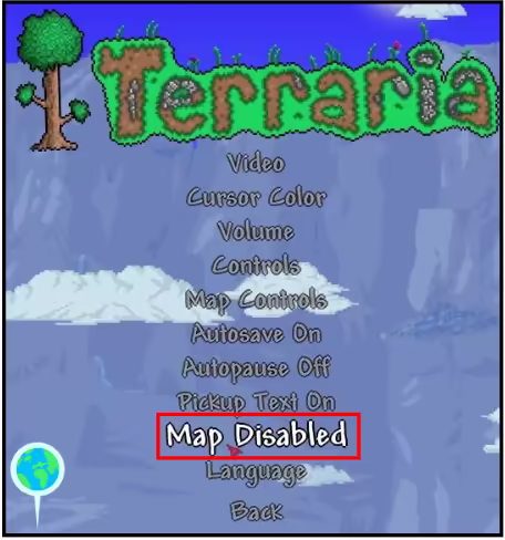 The Terraria menu showcasing a variety of options including one to disable the map, which is highlighted in red.
