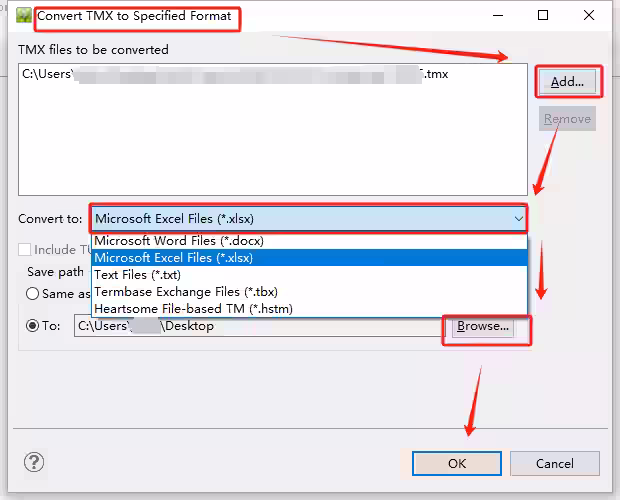 "Convert TMX to Specified Format" dialog window