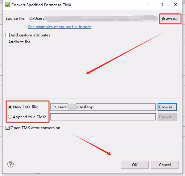 "Convert Specified Format to TMX" dialog window