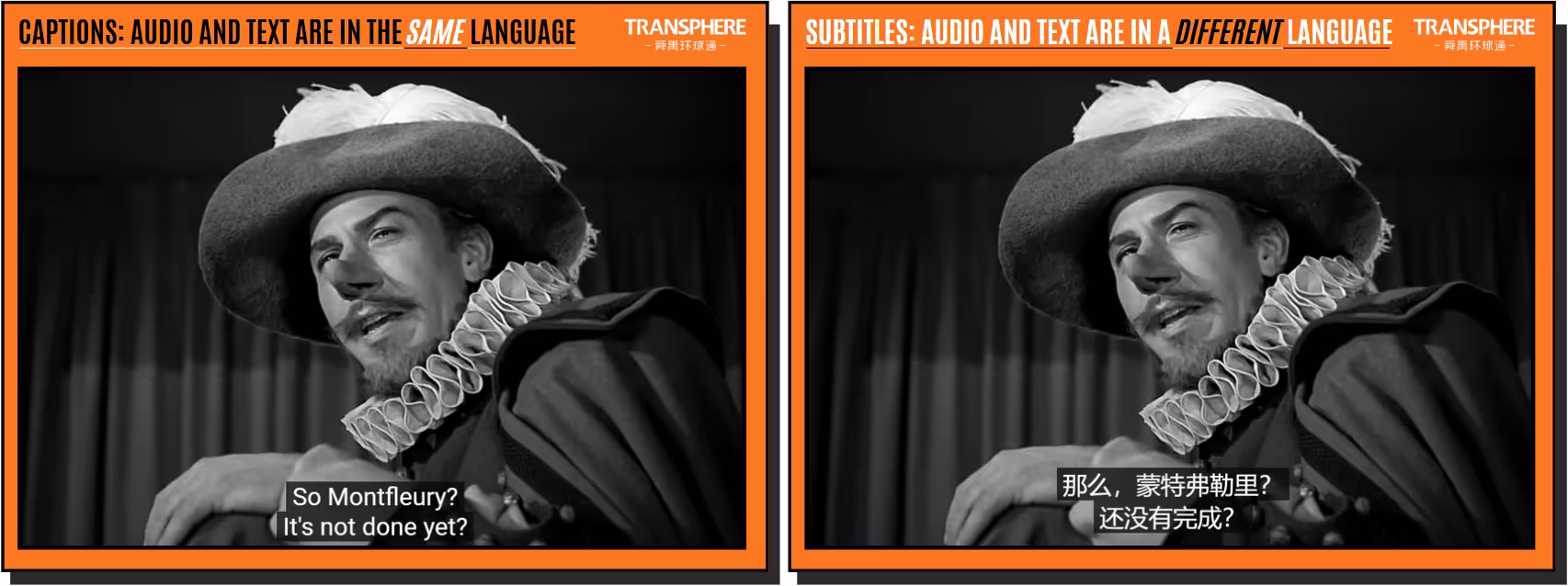 On the left is an image of a movie with English captions. The captions say "So Montfleury? It's not done yet?" The original audio of this movie is in English.