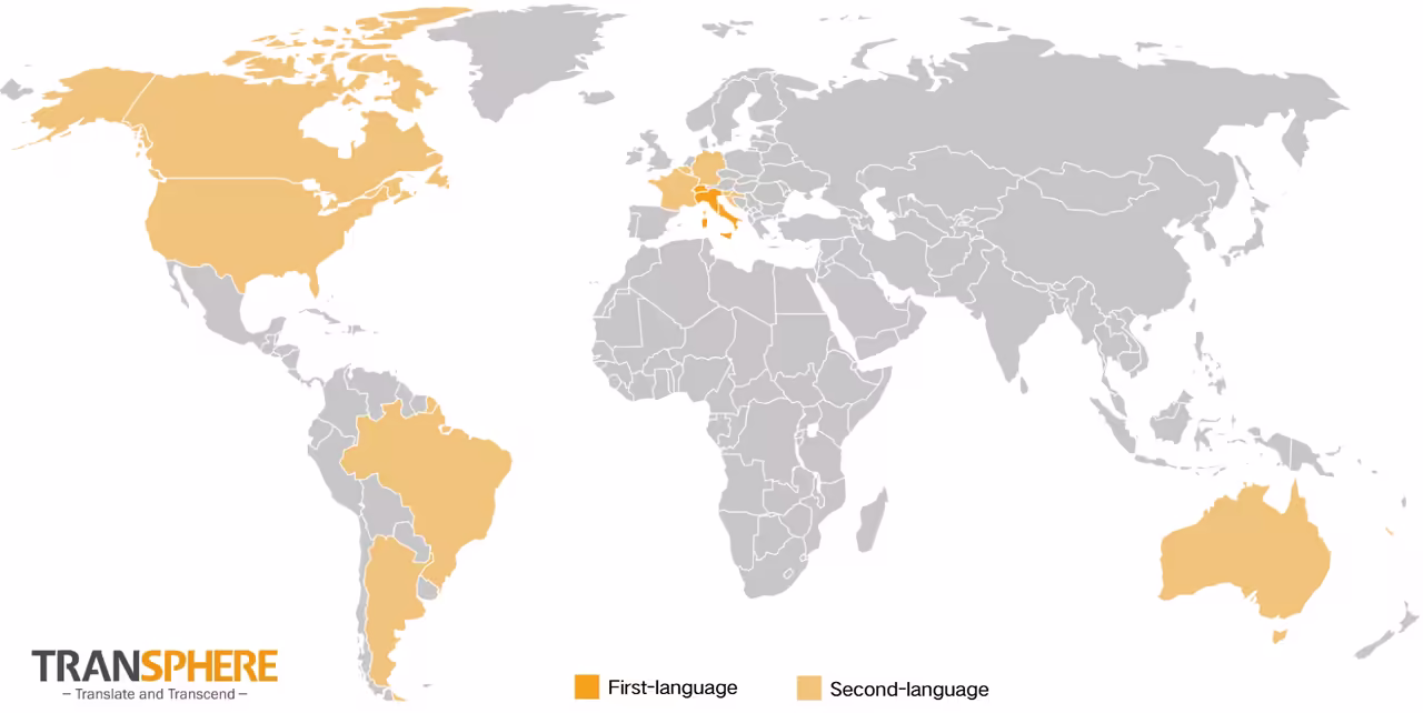 Map of Italian speaking community. It includes native speakers (mostly in the EU, around Italy), and non-native speakers.